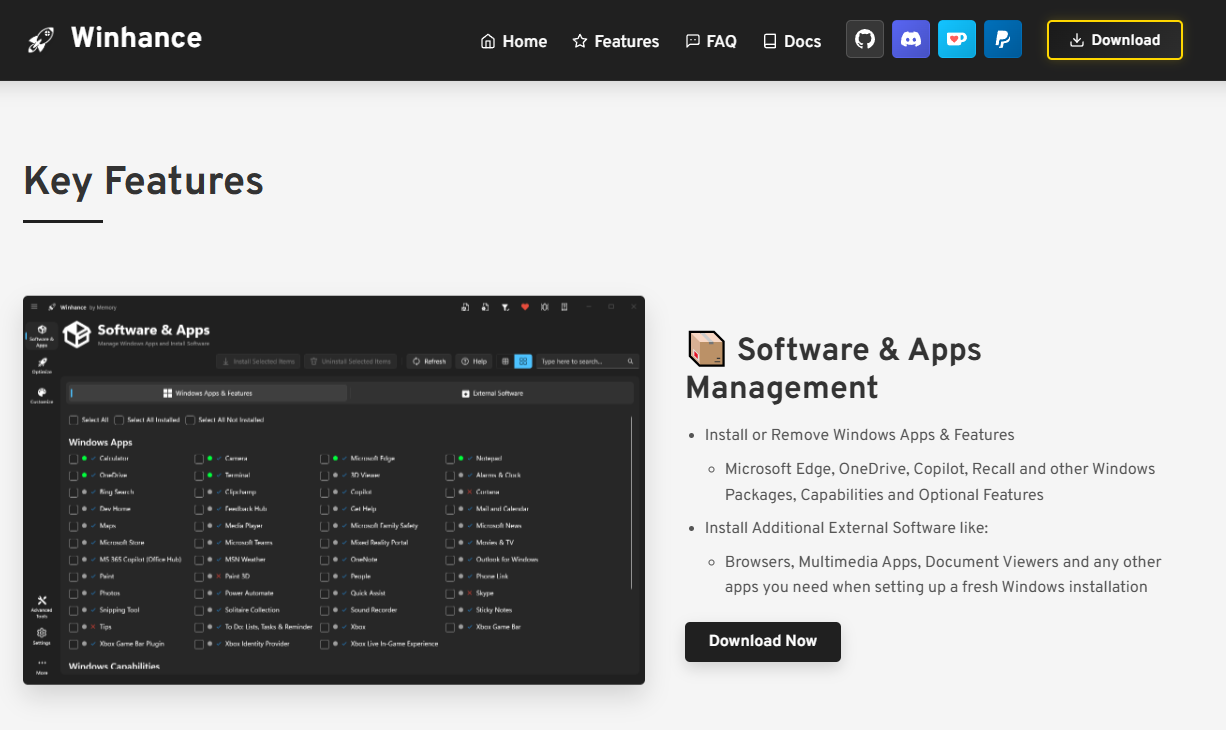 Screenshot di Winhance metti windows a dieta
